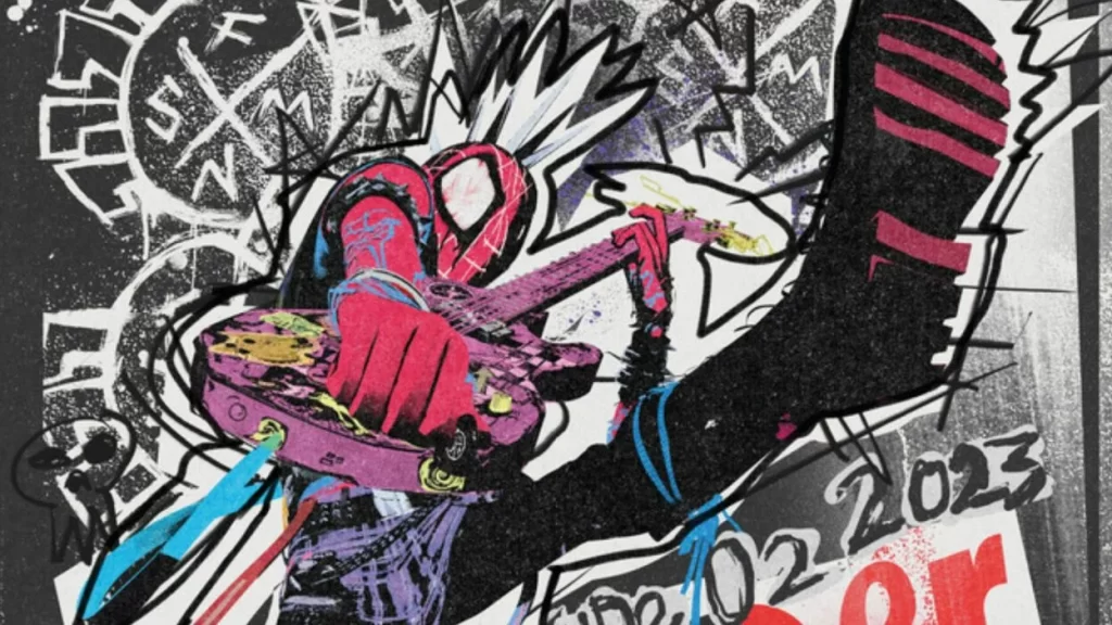 Spider-Punk portando los cordones azules, signo de que asesinó a un policía
